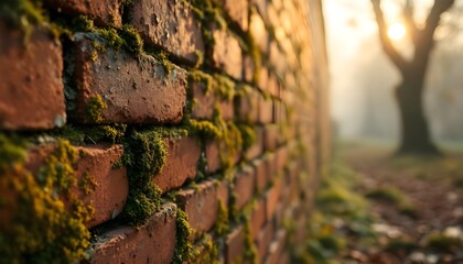Moss covered brick wall with weathered texture representing age decay urban nature growth and historical architecture background.