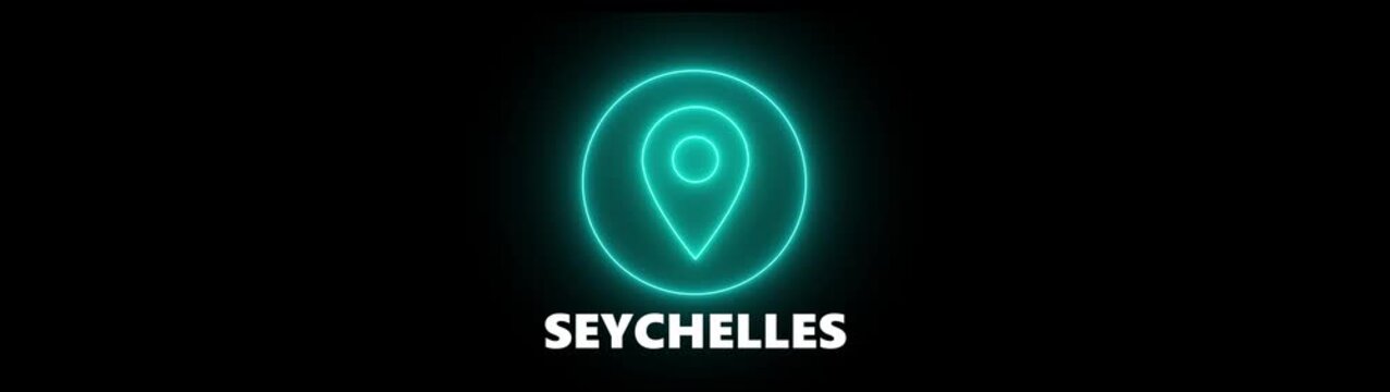 Neon Location Pin Icon with Seychelles Text on Black Background map marker navigation