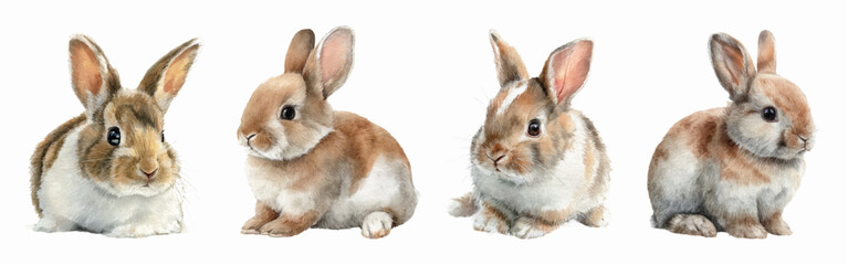 Watercolor set of cute, fluffy bunnies. Fluffy realistic watercolor rabbits on a white isolated background. Symbol of Easter and spring designs. Perfect for Easter card design, children's prints.