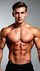 Fototapeta premium Shirtless Muscular Male Model Strikes Confident Pose in Studio, Emphasizing Strength, Fitness and Masculine Empowerment