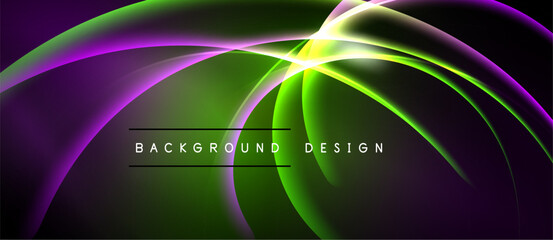 Abstract vibrant waves, purple green hues. Dynamic light streaks create flowing energy, modern design element. Background text present.