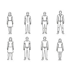 A set of eight standing human figures in various outfits and poses isolated on