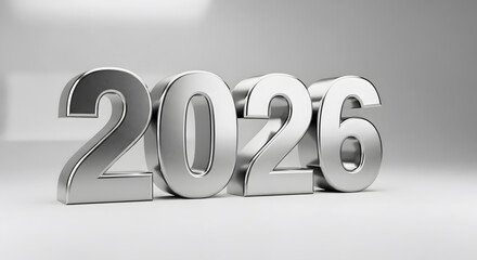 Shiny metallic 2026 number stands prominently against a clean, bright white background, symbolizing upcoming year