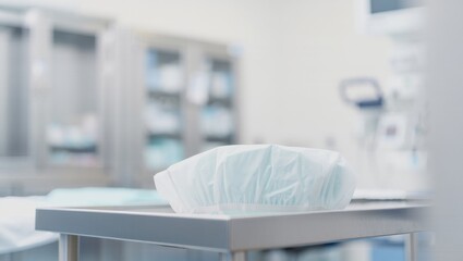 surgical cap on table with wide angle clinical space and soft blur highlighting sterile surfaces