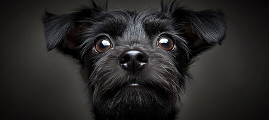 Adorable Anxious Mutt Stares Intently at Viewer in Dark Studio, Eyes Wide with Expectation