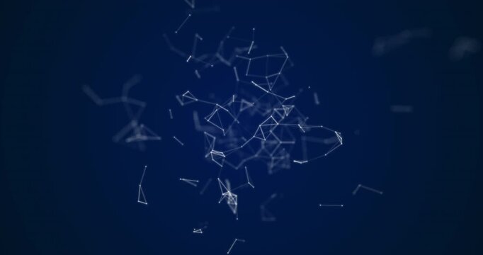 Movable interlaces of dots and lines dance in a cosmic rhythm on a dark blue background. Their smooth movement creates a sense of depth and digital harmony. Looping seamless animation.