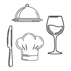 Black and white line drawing of chef hat, wine glass, and utensils for cooking and dining