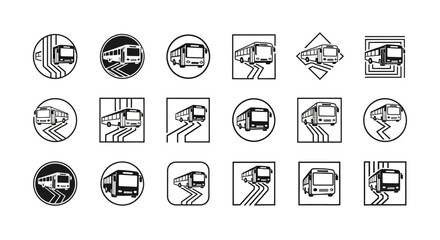 Collection of minimalistic bus transportation icons representing different transportation options © punduh
