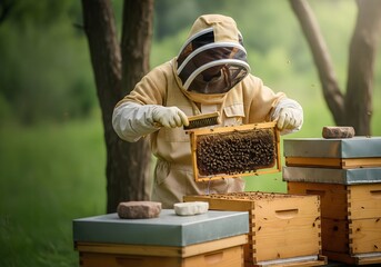 Beekeeper inspecting a honeycomb frame at an apiary surrounded by wooden beehives, highlighting sustainable beekeeping, honey production, pollination importance, environmental care, and rural 