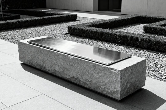 Modern outdoor bench with stainless steel top in a minimalist garden setting - Powered by Adobe