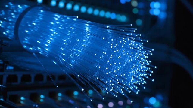 Fiber optic cable bundle with network server equipment in background