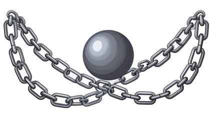 Graphic of a metallic sphere resting in a cradle of intersecting chains against a white backdrop. The metal exhibits gradients