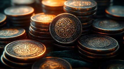 Golden Ancient Coins Stacked Finance Wealth.