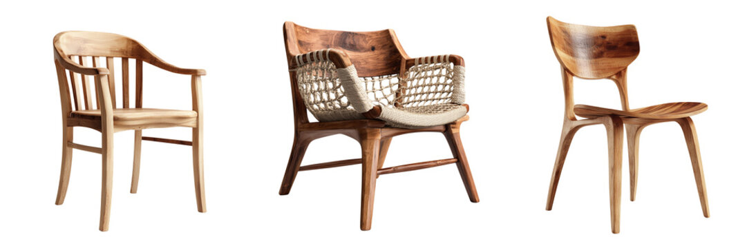 Set of Antique bentwood wooden chair with smooth steam-bent curves, minimal design, historical furniture style transparent png background. Ai generated