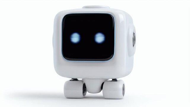 Cute white robot with camera and screen, modern technology concept.