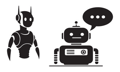 Two robots communicating with speech bubble in modern tech setting