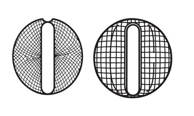Wireframe mesh spheres with grid patterns and oval cutouts