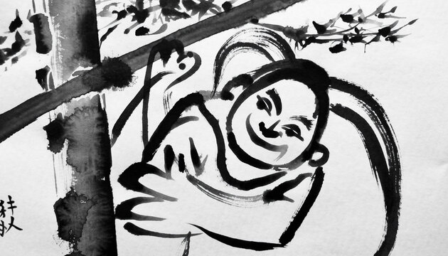 ぬりかべ妖怪を描いた白黒墨絵