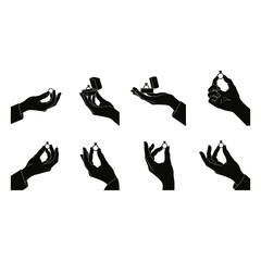 Collection of hands holding various small objects in different positions isolated on