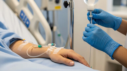 lose-up of a healthcare worker wearing blue gloves while adjusting an intravenous (IV) drip line on a patient's arm resting in a hospital bed.