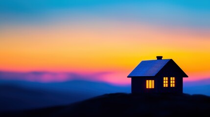 Cozy Home at Dusk with Warm Light Against a Vibrant Sunset Sky