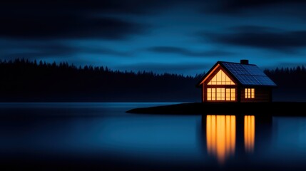 Cozy cabin glowing warmly by the tranquil lake illuminated during the serene night