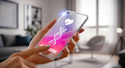 Close-up of a hand holding a transparent smartphone with a DNA helix and heart graphic, indicating digital health insights. Sustainability, 4k.