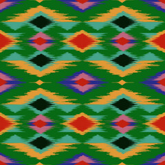 Ethnic ikat colorful dye yarns weaving seamless pattern. Vector hand drawn craftsmanship embroidery bohemian, abstract square geographic art fabric ikat textile material design for clothing wallpaper