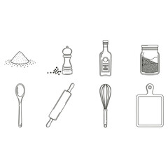 Obraz premium Black and white illustration of various baking ingredients and tools on