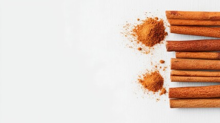 Fresh Cinnamon Sticks and Ground Cinnamon Powder on White Background for Culinary Use