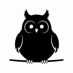Fototapeta premium Black silhouette of an owl perched on a branch, isolated on white background.