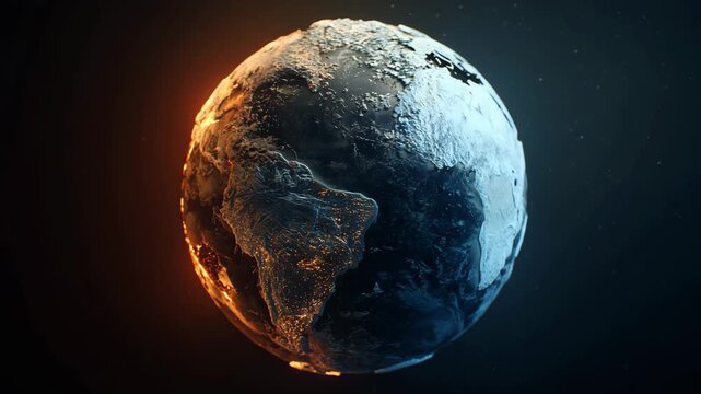 Cinematic 3D visualization of Earth showing climate change impact with fire and ice contrast, illustrating global warming, environmental crisis and planetary transformation for documentaries 