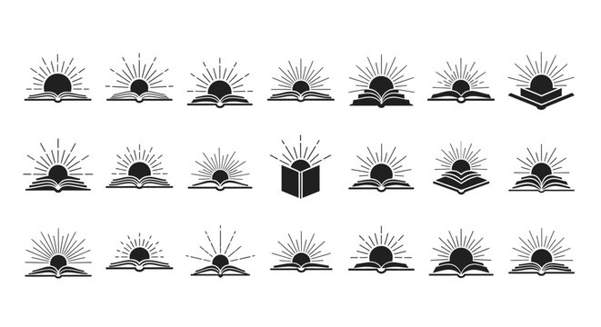 Collection of book icons stylized with radiant sunbursts for knowledge and enlightenment