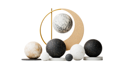 Elegant Abstract Still Life Featuring Spheres, Crescent, and Golden Circle on Black