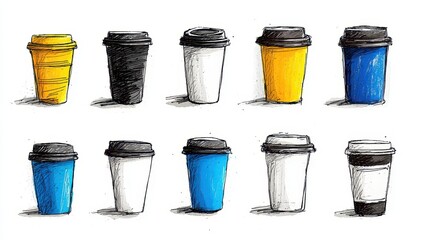 Colorful Sketches of Disposable Coffee Cups in Different Styles and Designs
