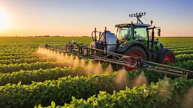 Tractor machinery spraying field, illustrating precision agriculture technology.