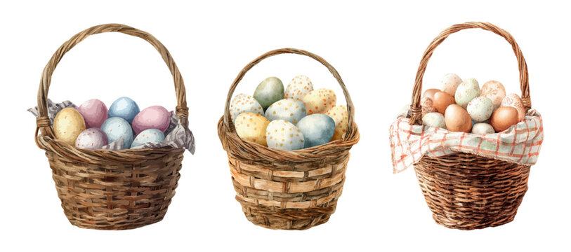 Easter basket with colorful eggs in watercolor style. Easter basket with Easter eggs. Charming spring collection perfect for holiday cards, banners and seasonal decorative projects.