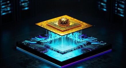 Quantum computing chip: Abstract futuristic processor with glowing circuits, representing advanced AI, technology, and data processing. Sustainability, 4k.