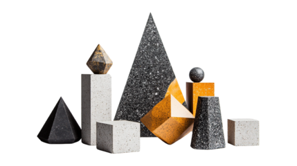 Geometric shapes of different materials arranged in an artful display against black backdrop