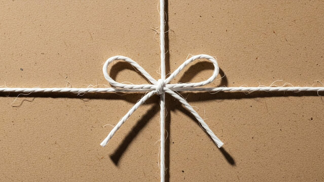 Gift wrapping with white twine on brown cardboard box, tied in a bow
