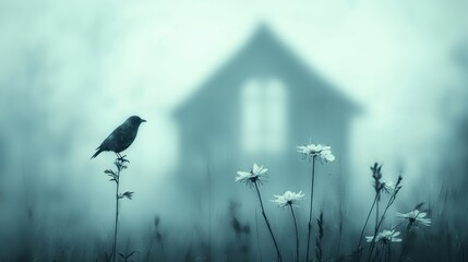 Serene Bird Perched on Flowering Plant in Misty Landscape with House Silhouette