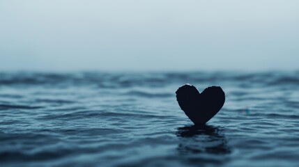 Heart Shape Silhouette Against Tranquil Water with Mysterious Foggy Background