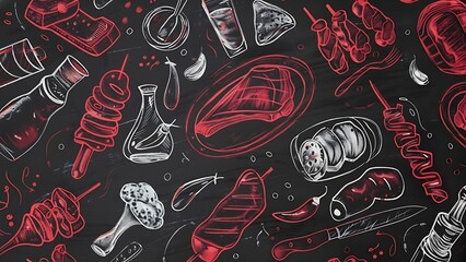 Naklejka premium A chalk-style illustration of various grilled meats and barbecue ingredients on a dark chalkboard background, with some elements rendered in red and others in white, in the style of a food drawn