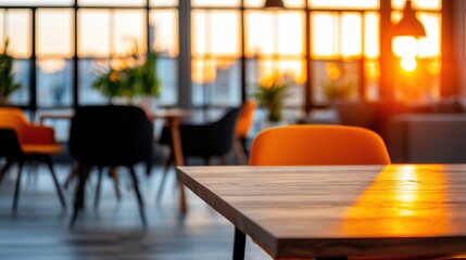 Modern Office Interior with Sunset Lighting and Cozy Design Elements