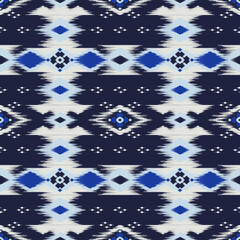 Ethnic ikat blue dye yarns weaving seamless pattern. Vector hand drawn craftsmanship embroidery bohemian, abstract square geographic art fabric ikat textile material design for clothing wallpaper