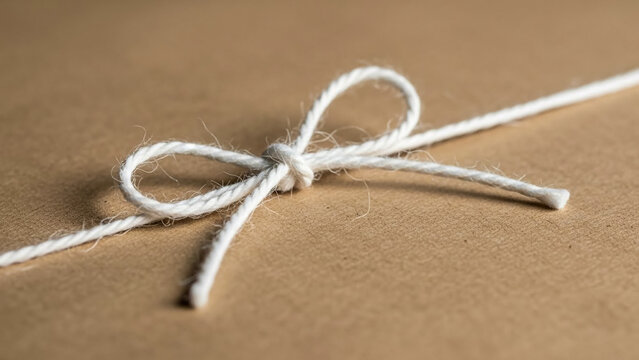 Close-up of White Twine Tied in a Bow on Brown Kraft Paper Background