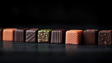 Assorted Gourmet Chocolates in Various Shapes and Flavors on Dark Background
