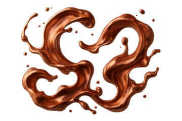 Chocolate liquid splash and swirling drops forming dynamic abstract shape on transparent background