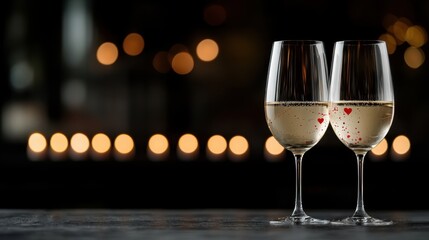 Romantic toast with champagne glasses on blurred background with soft glowing lights