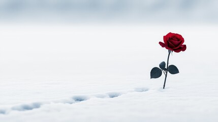 Red Rose Emerging from Snowy Landscape in Serene Winter Environment